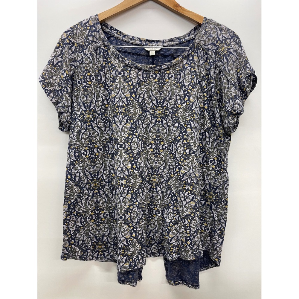 Lucky Brand Womens Blue Paisley Floral Split Back Short Sleeve Knit Top Large